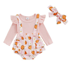 Baby Girl Halloween Pumpkin Long Sleeve Jumpsuit Romper with Ruffled Hem & Headband