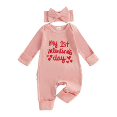 Baby girl Valentine’s jumpsuit with heart print and matching bow headband