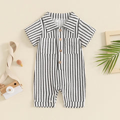 Baby Boy Striped Summer Romper – Short Sleeve, Easy Snap