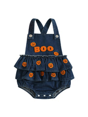 Baby Girl Pumpkin & Ghost Embroidery Halloween Denim Romper