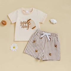Toddler Baby Boy Letter Print Tee & Plaid Shorts 2-Piece Football Outfit