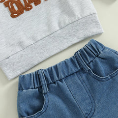 Toddler Boy "Game Day" Embroidered Long Sleeve Top & Denim Pants Fall Outfit