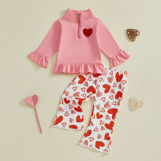 Toddler girl Valentine’s 2-piece heart embroidery outfit