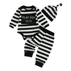 Baby Boys  Letter Print Romper, Striped Pants & Cap Halloween Outfit