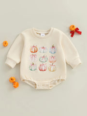Newborn Baby Girl Pumpkin Print Long-Sleeve Halloween Romper