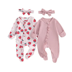 Baby Girl Long-Sleeve Frilled Footie Romper with Headband