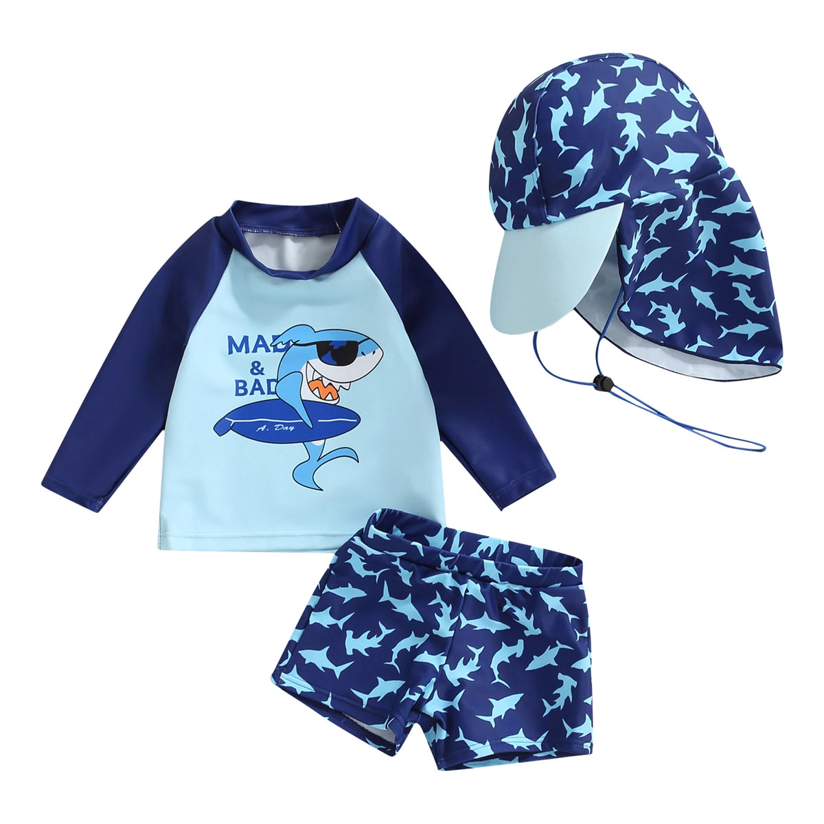 Baby Boy Cartoon Striped Shark Print Swimsuit