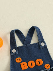 Baby Girl Pumpkin & Ghost Embroidery Halloween Denim Romper