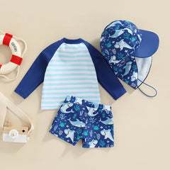 Baby Boy Cartoon Striped Shark Print Swimsuit