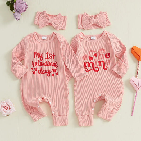 Baby girl Valentine’s jumpsuit with heart print and matching bow headband