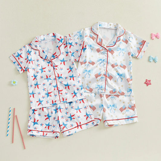 Baby Girls Star/Bow Print Patriotic Pajamas Set