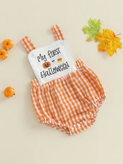 Baby Boy Halloween Pumpkin & Ghost Embroidery Plaid Romper