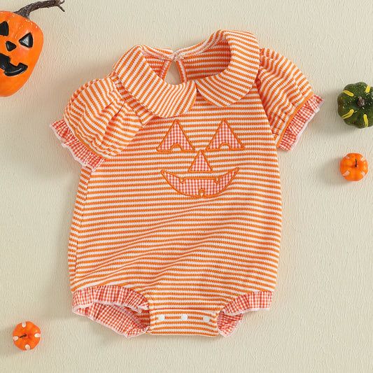 Baby Girl Short Sleeve, Doll Collar & Striped Print Halloween Romper