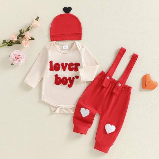 Baby Boy Valentine’s Embroidered Romper, Suspender Pants, and Hat