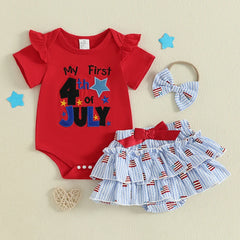 Baby Girl 4th of July Romper + Stripe Ruffled Shorts+Bow Headband