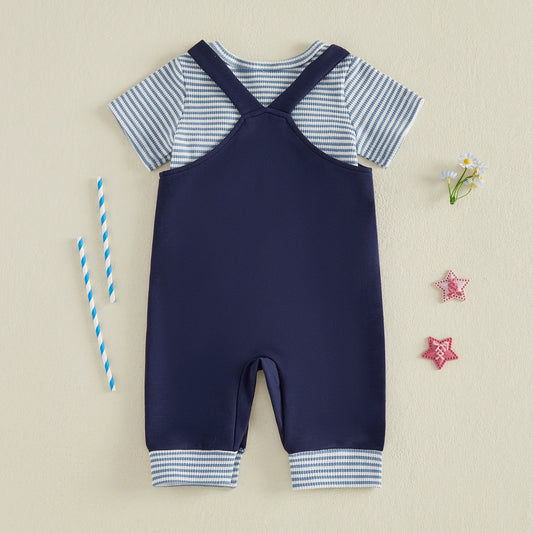 Baby Boys Fourth of July Short Sleeve Striped Romper + Overalls