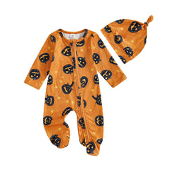 Newborn Baby Boy Pumpkin Print Halloween Romper & Hat Set