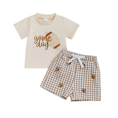 Toddler Baby Boy Letter Print Tee & Plaid Shorts 2-Piece Football Outfit