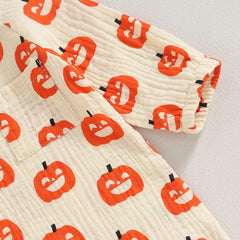 Unisex Baby Long Sleeve Pumpkin Bat Print Halloween Romper