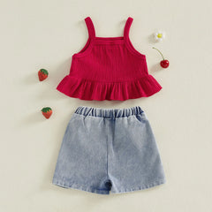 Baby Girl Strawberry Crochet Cami Top and Bow Denim Skorts Set
