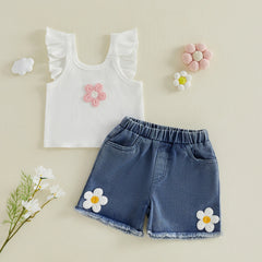 Baby Girls Flower Camisole with Denim Shorts Outfit