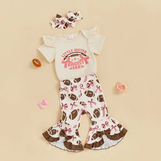 Baby Girl Bow Rugby Print Romper Set with Flare Pants & Headband