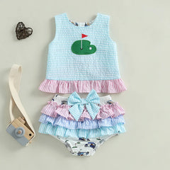 12M - 3T Baby Girl Sleeveless Golf Embroidery Tank Tops + Ruffle Shorts Set