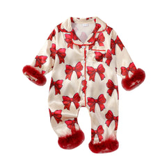 0-24M Baby Girl Bow Print Furry Romper Pajamas