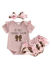 Baby Girl Letter Print Romper, Bow Shorts & Headband Summer Outfit