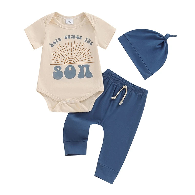 Baby Boy “Sun” Hat & Comfy Elastic Pants Romper Set