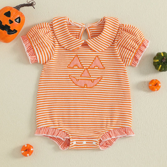 Baby Girl Short Sleeve, Doll Collar & Striped Print Halloween Romper