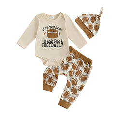Baby Boy Football Romper, Pants & Knotted Hat Fall Outfit