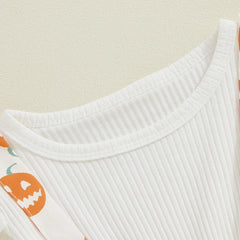 Baby Girl Halloween Pumpkin Long Sleeve Jumpsuit Romper with Ruffled Hem & Headband