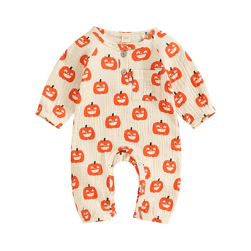 Unisex Baby Long Sleeve Pumpkin Bat Print Halloween Romper