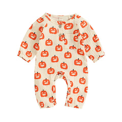 Unisex Baby Long Sleeve Pumpkin Bat Print Halloween Romper