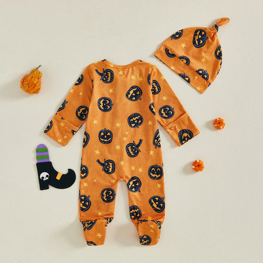 Newborn Baby Boy Pumpkin Print Halloween Romper & Hat Set