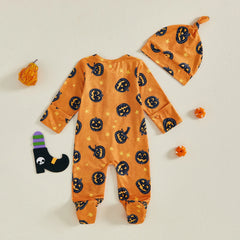 Newborn Baby Boy Pumpkin Print Halloween Romper & Hat Set