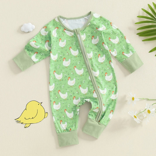 Baby Girl Chicken Print Long Sleeve Zipper Romper with Headband