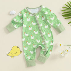 Baby Girl Chicken Print Long Sleeve Zipper Romper with Headband
