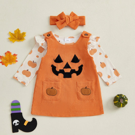 Baby Girl Pumpkin Long Sleeve Onesie, Dress & Headband Halloween Set
