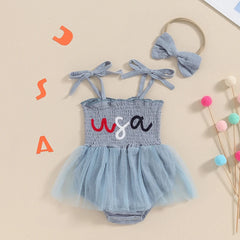 Baby Girl 4th of July Letter Print Romper Dress and Headband Set