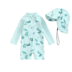 Baby Boy Whale Print Sun Hat Swimwear Set Toddler Bathing Suit