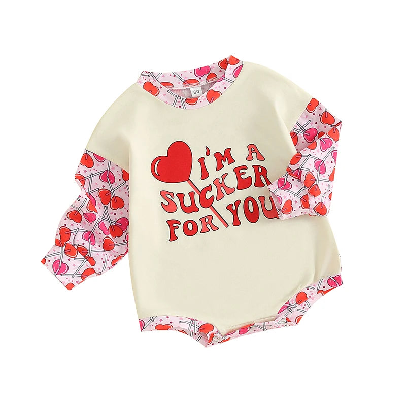 0–18M Baby Girls Valentine’s Lollipop Heart Bubble Romper