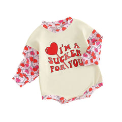0–18M Baby Girls Valentine’s Lollipop Heart Bubble Romper