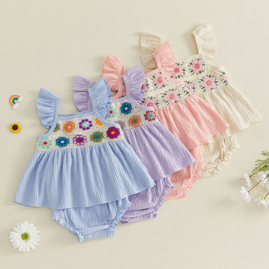 Baby Girl Summer Crochet Flower Tops + Shorts Set
