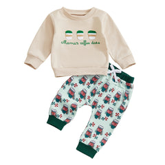 Toddler Baby Boy Coffee Print Sweatshirt & Pants Christmas Outfit