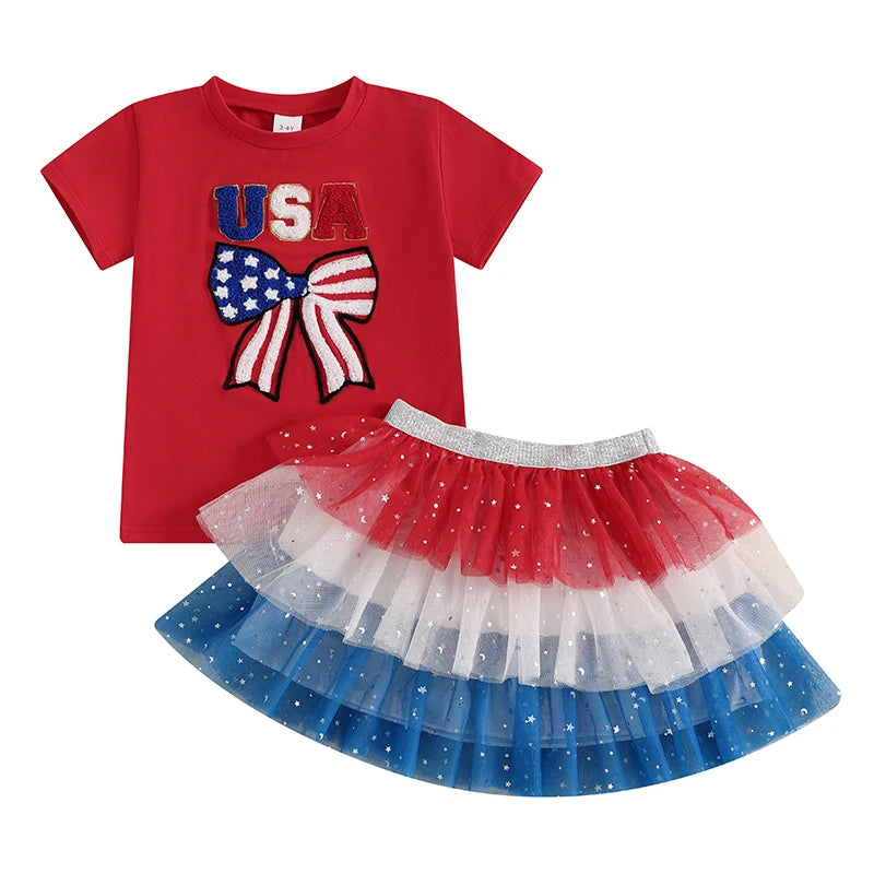 Baby Girl Letter Bow Embroidery 4th of July Outfit