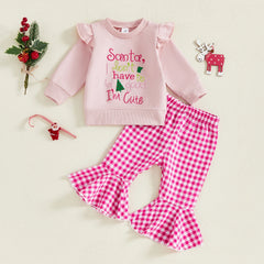 Toddler Baby Girl Embroidered Pullover & Plaid Bell Bottoms Christmas Set