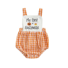 Baby Boy Halloween Pumpkin & Ghost Embroidery Plaid Romper
