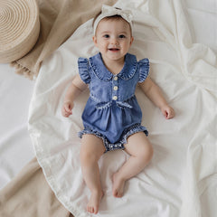 Baby Girl Denim Onesie  Fly Sleeve, Button-Up Bodysuit